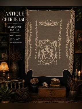 Antique Cream Filet Lace Bedspread Cherub Motif Edwardian 92x66